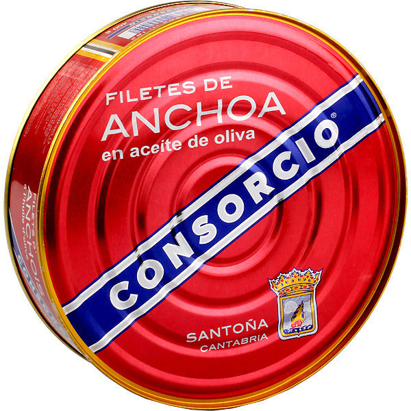 Filetti di acciughe / alici del mare Cantábrico in olio di oliva vergine. Marca CONSORCIO. Latta da 400 g.