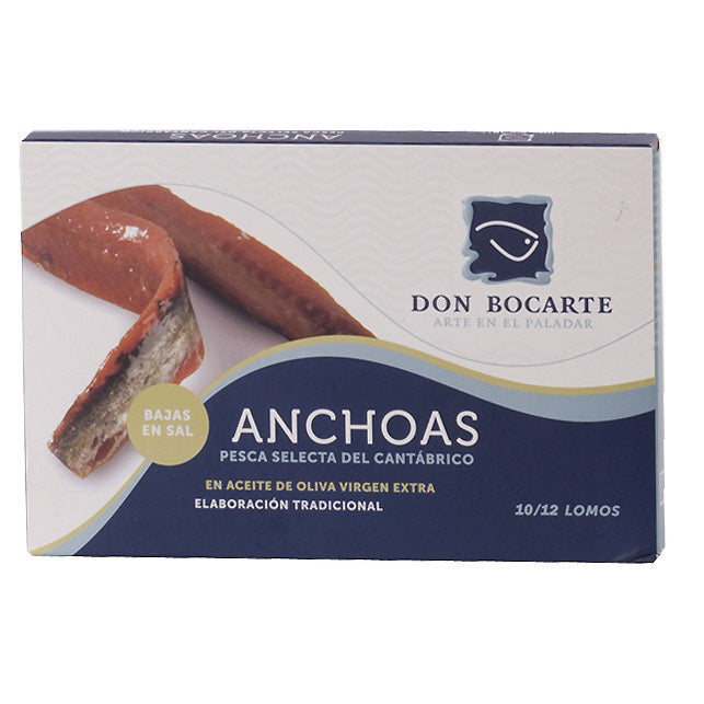 Filetti di acciughe / alici del mare Cántabrico in olio di oliva vergine Don Bocarte. Latta da 10/12 filetti.