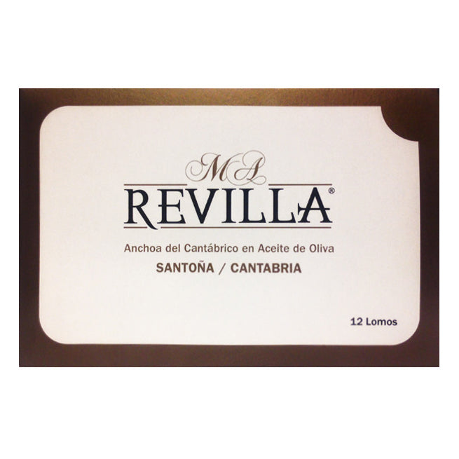 Filetti di acciughe / alici del mare Cantabrico in olio di oliva vergine. Marca Revilla. Qualità Oro. Lattina da 12 filetti.