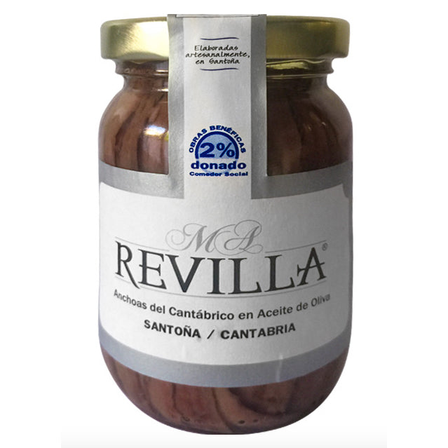 Filetti di acciughe / alici del Cantabrico in olio di oliva DOP Santoña. Marca Revilla. Vasetto da 160 g.