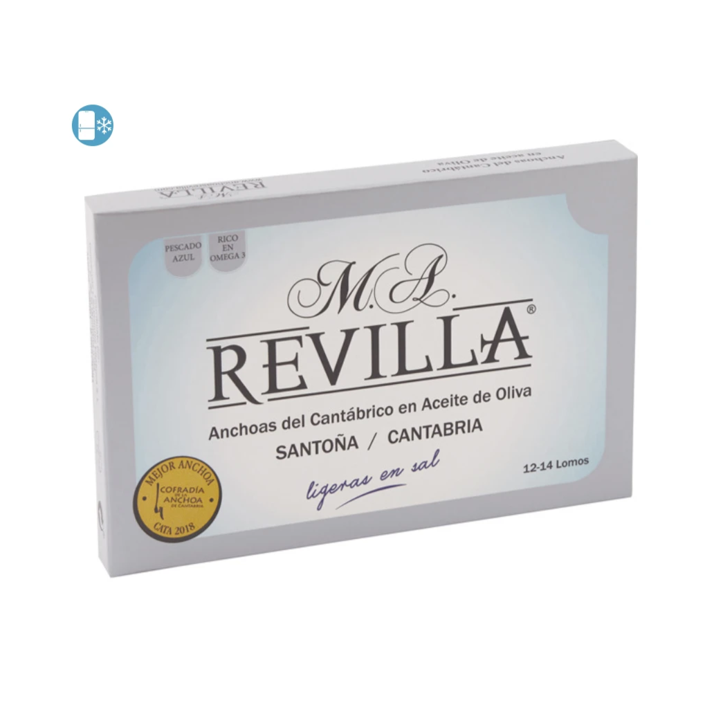 Filetti di acciughe / alici del mare Cantabrico in olio di oliva vergine. Marca Revilla. Basse in sale. Latta da 12 filetti.