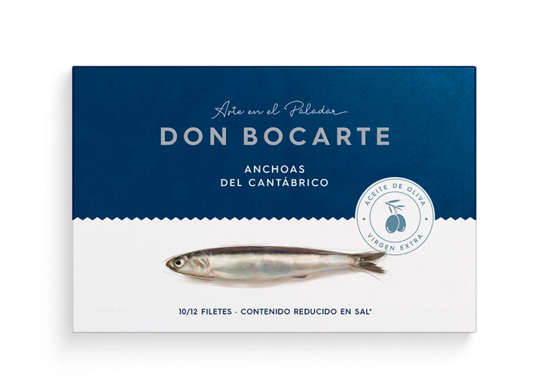 Filetti di acciughe / alici del mare Cántabrico in olio di oliva vergine Don Bocarte. Latta da 10/12 filetti.