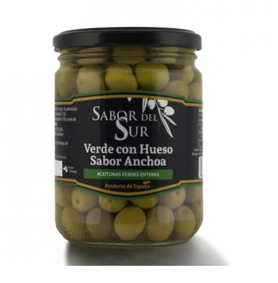 Olive verdi con nocciolo e acciughe Sabor del Sur senza glutine 250 g.
